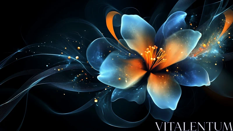 Luminous abstract flower in blue and orange digital bloom.