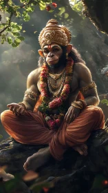 Seated anthropomorphic monkey figure in ornate attire outdoors.