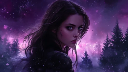 Young woman in violet night forest with nebula sky.