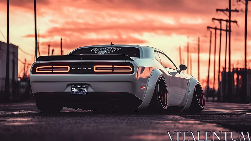 Low-slung muscle coupé prowls beneath molten sunset sky.