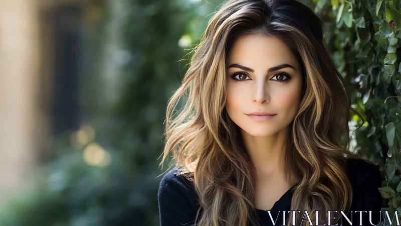 Portrait of woman outdoors with foliage background.