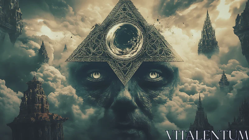 Triangular eye symbol over face within cloudy spired realm.