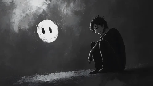 Solitary boy in monochrome scene with observing white orb.