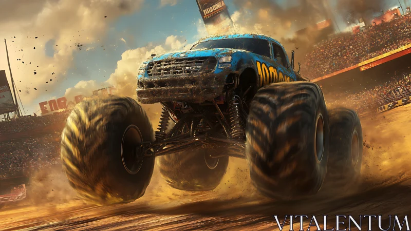 Monster truck roars through dusty arena in explosive motion