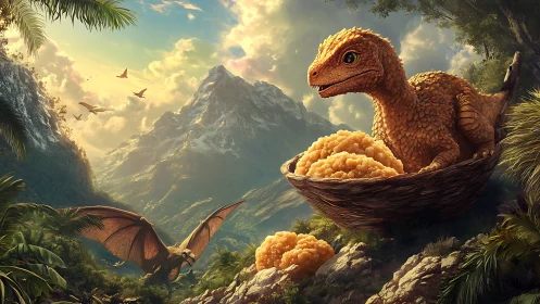 Playful baby dragon perched in a nest of golden treats.