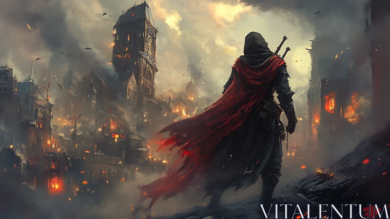 Cloaked swordsman surveying incendiary clocktower ruinscape.