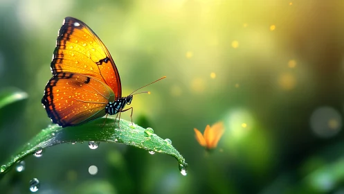 Orange butterfly rests on dewy leaf in glowing bokeh field