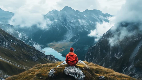 Hiker in red jacket overlooks misty alpine lake valley.