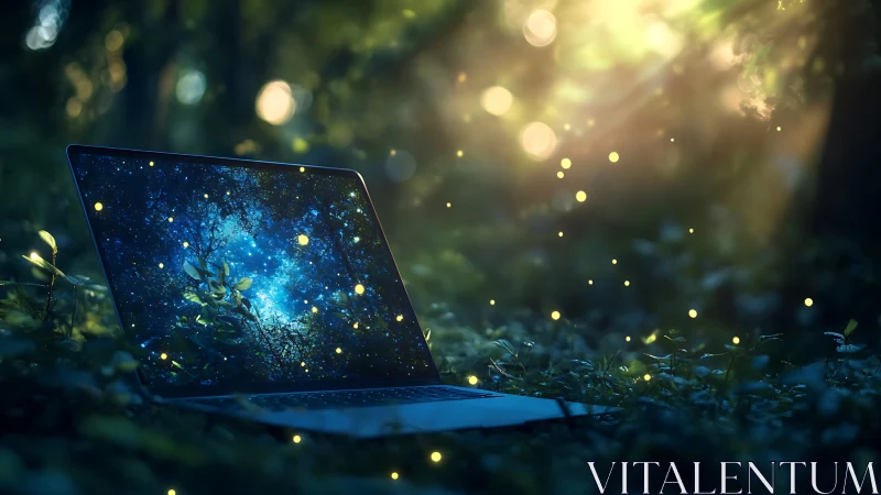 Open laptop in twilight forest glade projects luminous cosmos