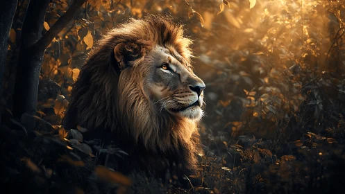 Male lion sits in dense foliage under directional sunlight