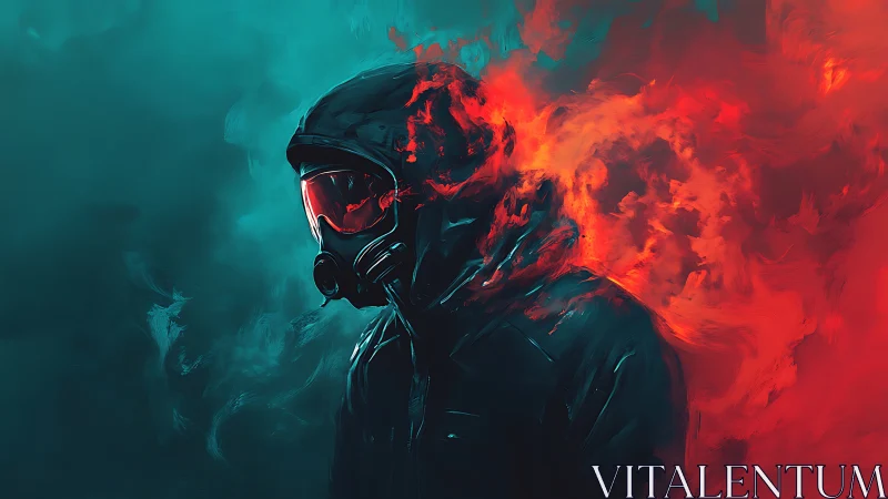 Hooded figure in gas mask intersects cyan fog and red flame plume