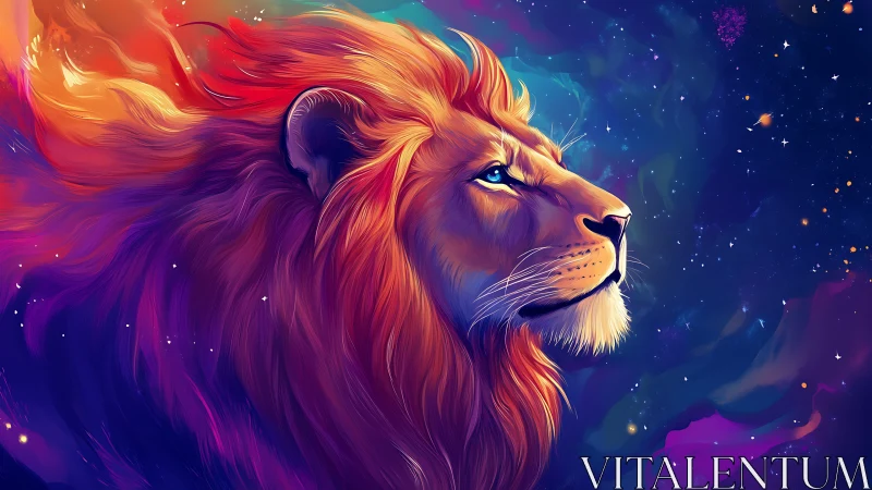Lion profile in multicolored cosmic nebula background scene.