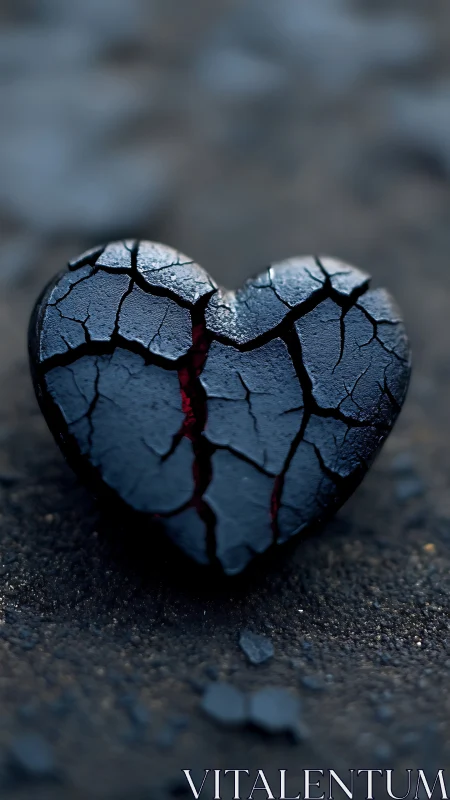 Cracked dark heart object on textured ground surface.