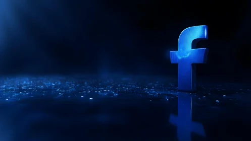 3D Facebook Logo with Blue Neon Lights on Dark Digital Background.