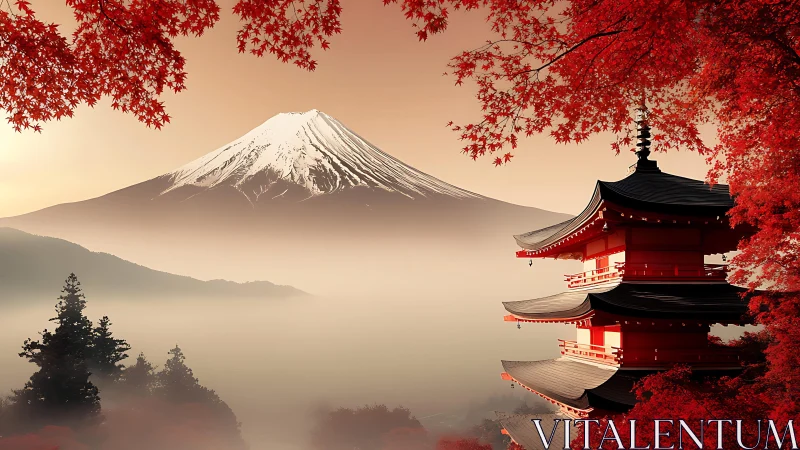 Serene red pagoda and Mount Fuji glowing in soft autumn light.