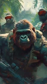 Armored gorilla strike team advancing through jungle fog.
