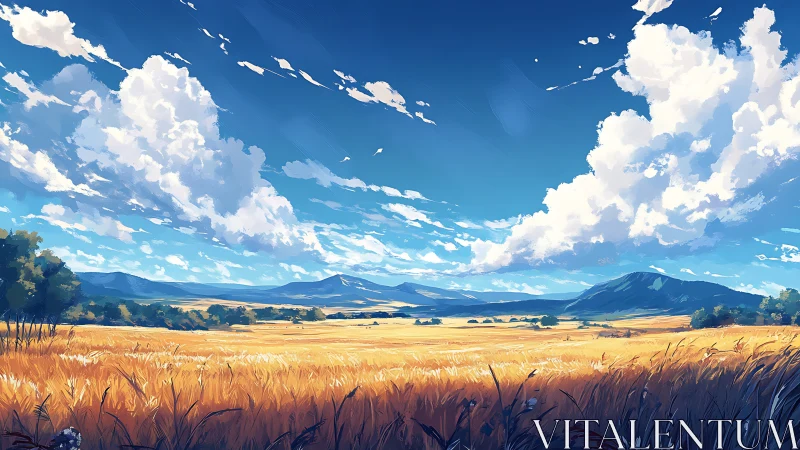 Golden summer fields under a bright, welcoming sky.