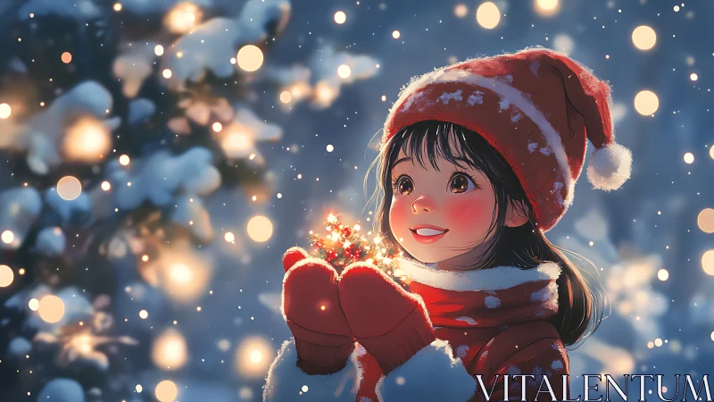 Snowlit child cradles sparkling Christmas magic in mittened hands.