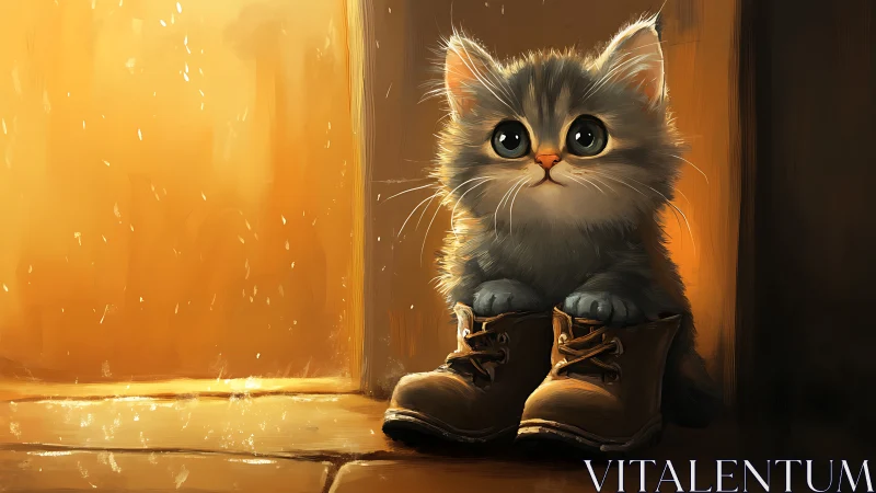 Kitten in Work Boots: Warm Tonal Digital Composition.