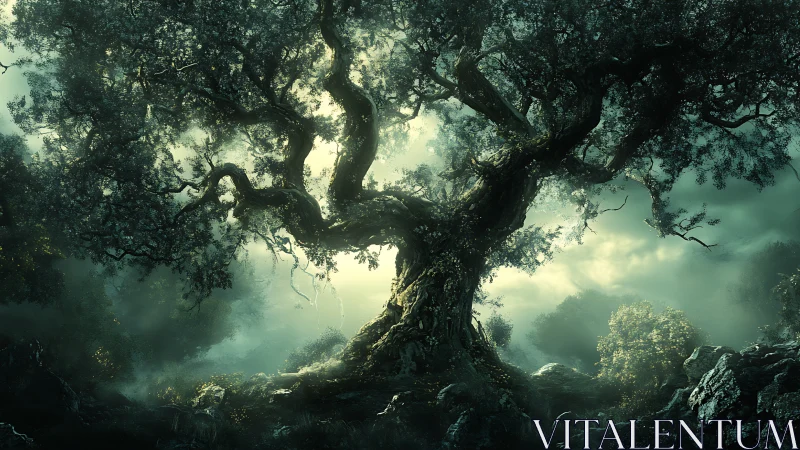 Ancient forest guardian tree stretches into a misty sunrise