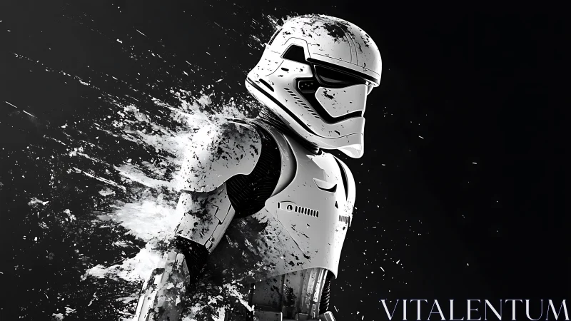 Armored sci‑fi soldier dissolves into abstract splashes.