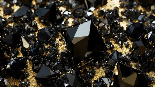 Black faceted polyhedral crystals rest on granular gold substrate