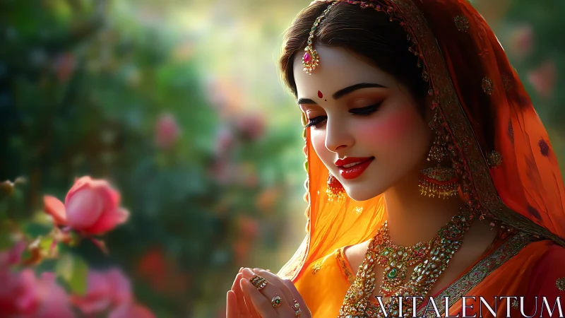 Rose-lit bridal serenity wrapped in sunlit saffron veils.
