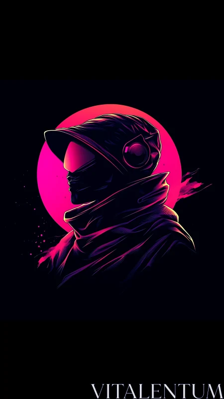 Neon-outlined astronaut silhouette before magenta circle.