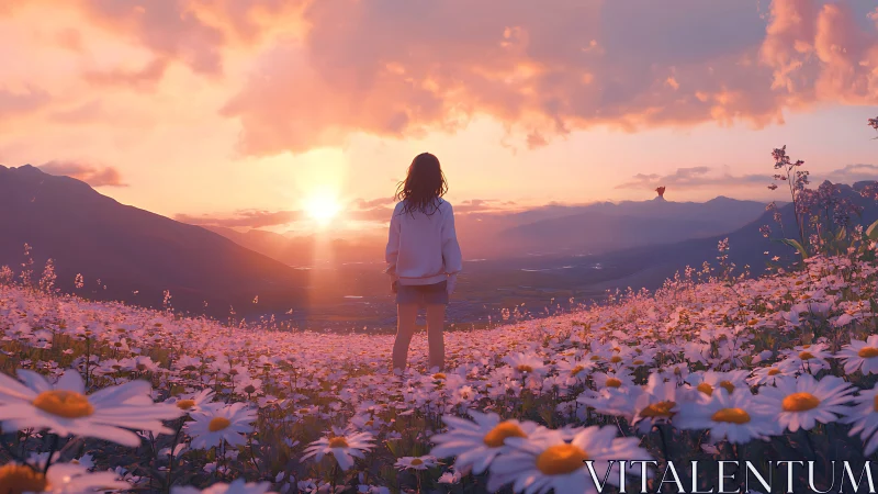 Sunlit meadow vista with solitary girl at pastel sunset.