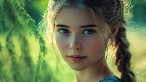 Forest-soft sunlight crowns a blue-eyed gaze in quiet focus