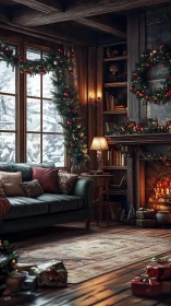 Cozy holiday cabin living room glowing with winter warmth.
