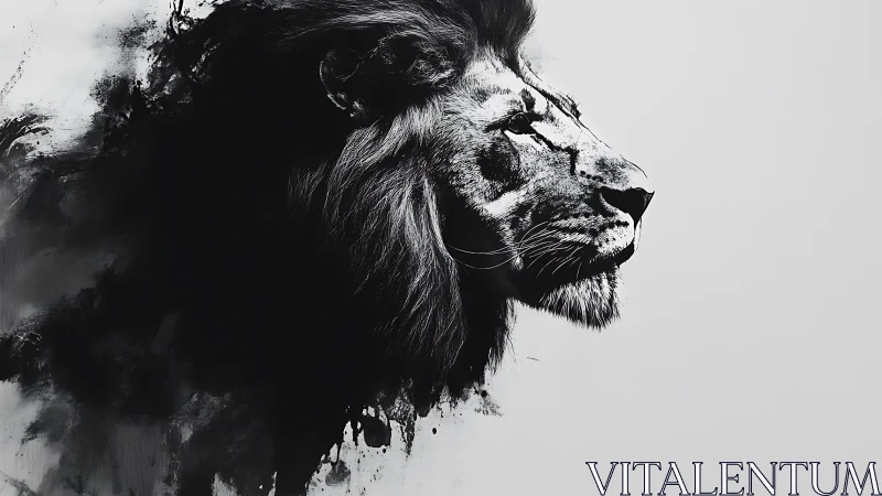 Monochrome lion profile integrates with abstract ink field