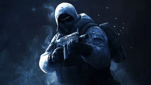 Armed tactical figure in hooded winter gear on dark field.