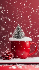 Snow-dusted miniature fir tree rising from red ceramic mug