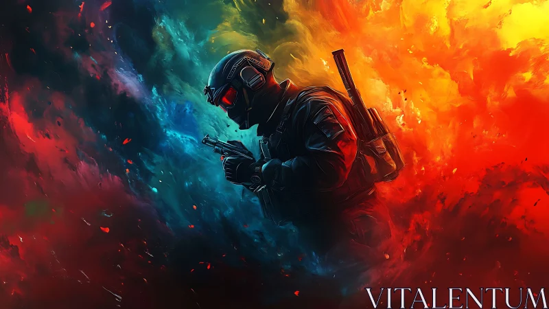 Armed tactical soldier advances through swirling neon firestorm