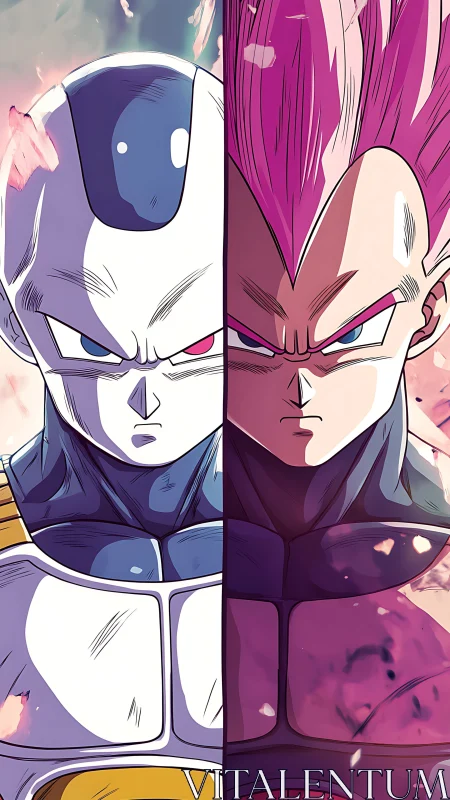 Bifurcated anime combatants in mirrored vertical composition.