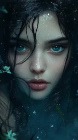 Digital portrait depicts wet-haired woman emerging through water