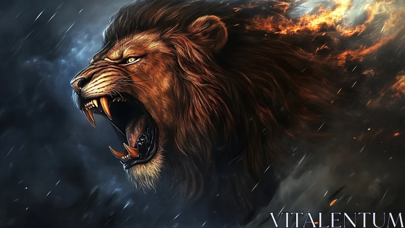 Fiery roaring lion emerges from stormy darkness.