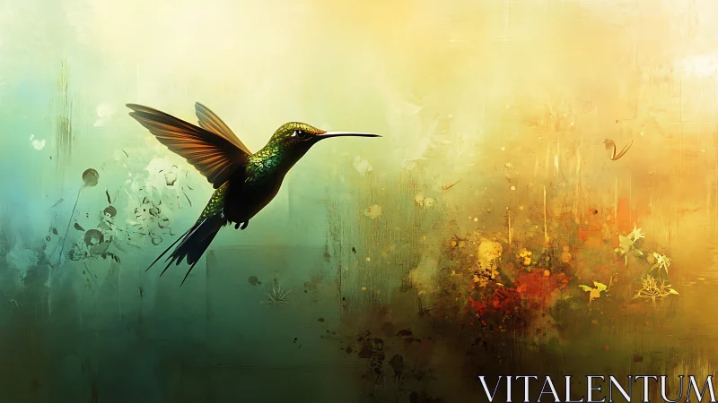 Iridescent hummingbird in luminous abstract bokeh field.