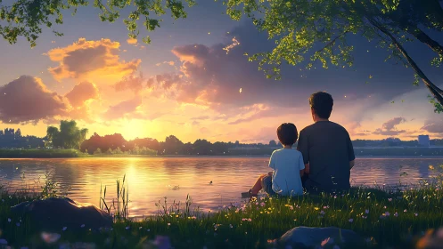 Father and child share a golden lakeside sunset in calm silence