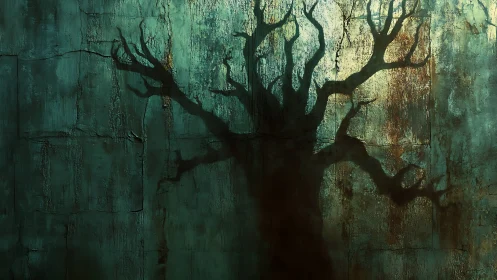 Whispering tree shadows on a weathered teal wall at dusk.