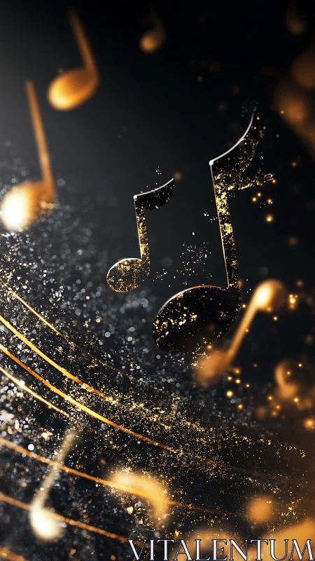Golden musical notes and staff rendered with glittering depth