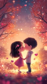 Two animated children sharing a kiss surrounded by glowing bokeh lights