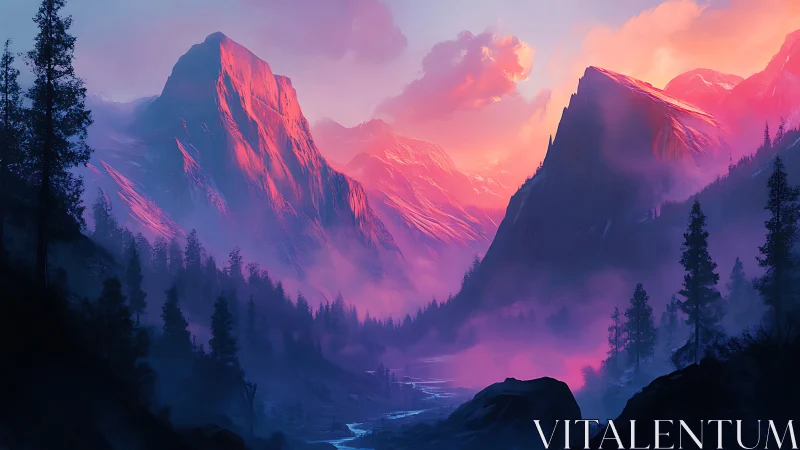 Digital painting of neon dusk mountains with misted valley.
