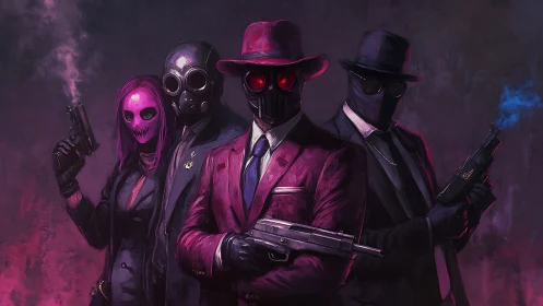 Neon-masked syndicate marches through violet gun-smoke.