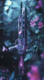 Cosmic-pattern rifle floats amid neon forest blossoms.