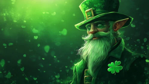 Green leprechaun portrait with clover in glowing backdrop.