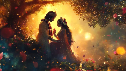 Indian Wedding Couple in Magical Golden Garden Setting.