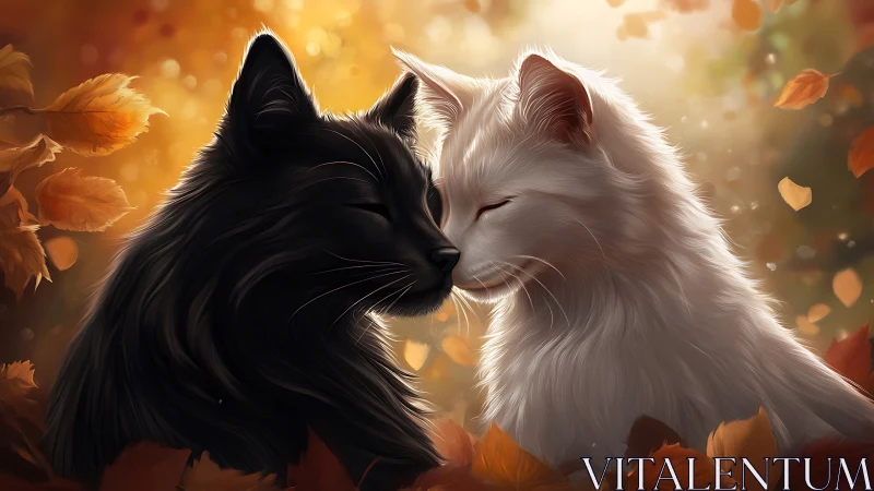 Black and White Cats Touch Noses in Golden Autumn Light.