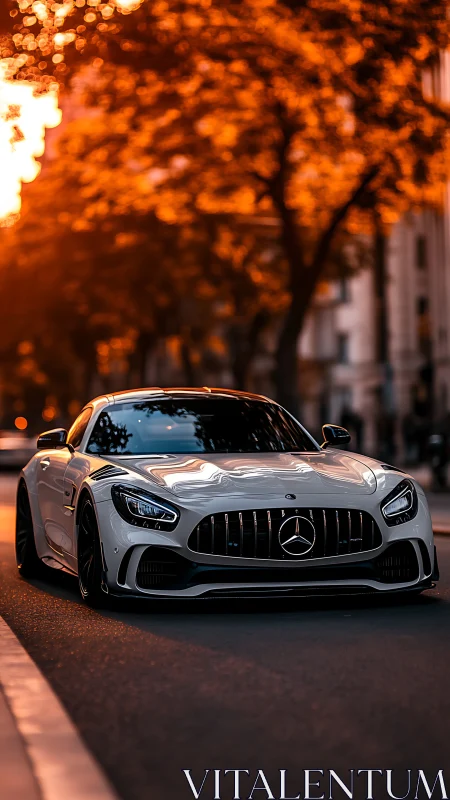 Silver speedster prowls beneath a boulevard of burning leaves